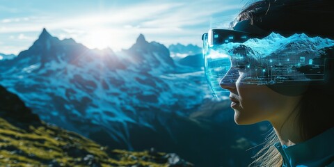 Poster - futuristic wearable technology, projecting real-time holographic data over stunning alpine views, seamlessly integrating tech with natural beauty