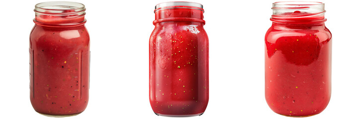 Canvas Print - Three jars filled with vibrant red juice or sauce, showcasing freshness and deliciousness