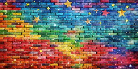 Wall Mural - colorful brick wall with space and stars , brick, wall, color, space, stars, background, texture, ab