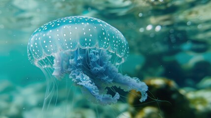 Sticker - A close-up of a light blue jellyfish floating gracefully in clear water