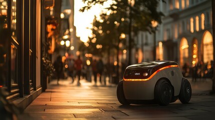 Poster - A robot is driving down a street in a city