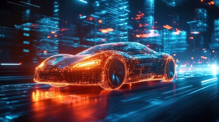 Poster - A futuristic car is driving down a city street with neon lights