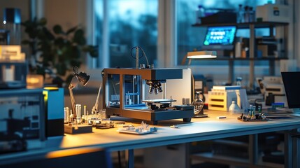 Poster - Cutting-edge lab with a 3D printer, precision scales, and analytical instruments, all set on a spacious workbench