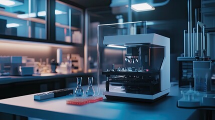 Poster - Cutting-edge lab with a 3D printer, precision scales, and analytical instruments, all set on a spacious workbench