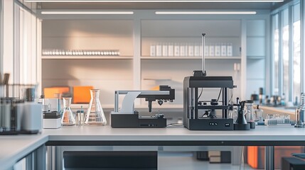 Poster - Cutting-edge lab with a 3D printer, precision scales, and analytical instruments, all set on a spacious workbench