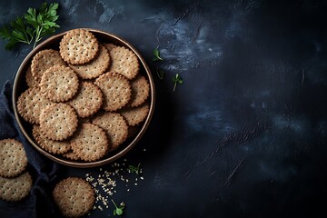 Wall Mural - Oatmeal chocolate chip cookies. Cookies crumbs. Oatmeal cookies with chocolate on a black background with sunlight.