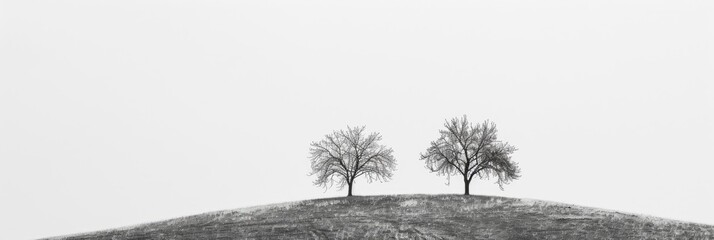 Poster - minimalist black-and-white image of two trees on a distant hill