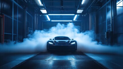 Poster - A car is driving down a track with smoke coming out of its exhaust