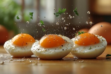 Perfectly cooked sunnysideup eggs flipping in the   045 egg, food, eggs, brown, isolated, white, breakfast, chicken, organic, fresh, yolk, easter, raw, yellow, protein, shell, ingredient, three, healt