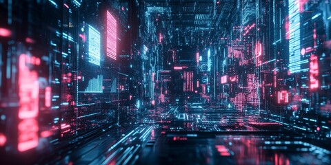 Poster - A conceptual image of AI, featuring neon-lit circuits, holographic data streams, and cyberpunk design elements in a high-tech lab