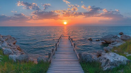 Wall Mural - Wooden Pier Leading to Sunset Over Ocean with Rocks