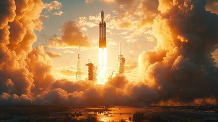 A rocket is launching into the sky, surrounded by clouds