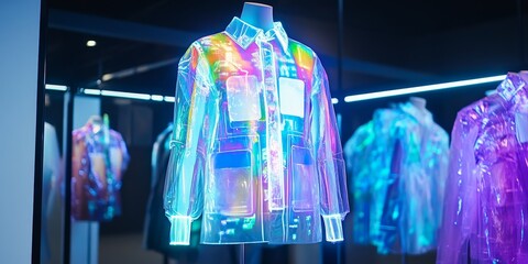 High-tech smart garment in a VR environment, showcasing interactive holographic displays on fabric, blending fashion with cutting-edge technology