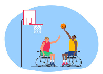 two men with disability playing wheelchair basketball game competition vector illustration