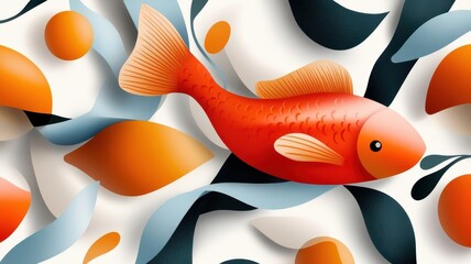 Wall Mural - Stylized pattern of abstract fish shapes and swirling seaweed in limited color palette.