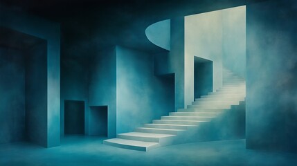 Canvas Print - A long staircase leads up into a dimly lit room with soft, blue lighting.  The staircase winds up into a mysterious and undefined space.