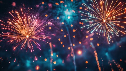 Vibrant fireworks burst against a dark sky, colorful sparks and glowing trails create an exciting and festive atmosphere.