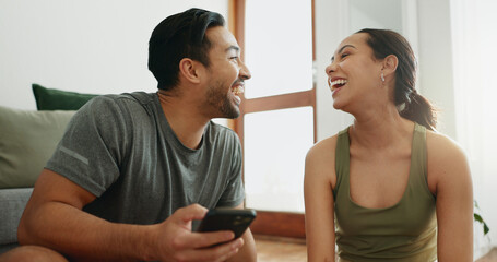 Poster - Laughing, phone and happy couple in home for funny meme, comedy or comic. Man, woman and joke with mobile in living room for conversation or watch video on internet together on social media platform
