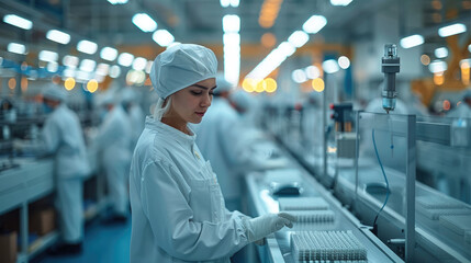 Fototapete - A modern factory where workers are engaged in their tasks, showcasing teamwork and the production process. Generative AI.