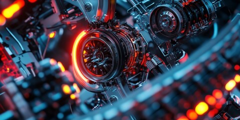 Close-up of futuristic robotic components with neon-lit circuits, advanced mechanics, and cyberpunk design elements in a dark environment