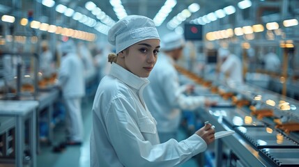 Fototapete - A modern factory where workers are engaged in their tasks, showcasing teamwork and the production process. Generative AI.