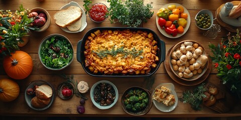 Wall Mural - A table full of food with a pumpkin on the left side. There are many different types of food, including a casserole, bread, and vegetables