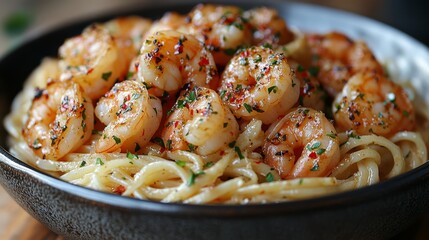 A bowl of shrimp scampi over a bed of linguine pas  366 food, meal, meat, chicken, dinner, dish, plate, fried, cuisine, fish, sauce, delicious, salad, potato, gourmet, lunch, healthy, vegetable, cooke