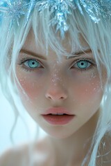 Wall Mural - A woman with blue eyes and white hair is wearing a blue and silver snowflake headpiece. The image has a wintery, festive mood