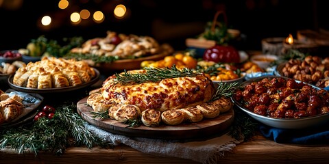 Wall Mural - A table full of food with a variety of dishes including a large cheese pie. The table is set for a holiday meal