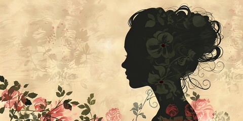 Wall Mural - A woman's silhouette is surrounded by flowers. The flowers are pink and the background is a light brown color. The image has a romantic and feminine feel to it