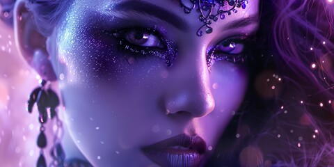 Wall Mural - A woman with purple hair and purple makeup. She has a purple background