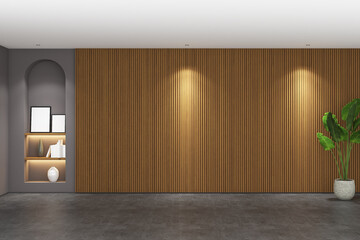 Wall Mural - 3d render of wall mockup office room. Minimal interior design with niche book shelves. Gray cement floor, wood panel wall and white ceiling. Set 32