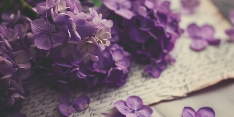 Wall Mural - A bouquet of purple flowers is on top of a piece of paper with writing on it. The flowers are arranged in a way that they cover the majority of the paper, with some of the writing barely visible