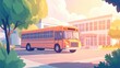 © PoyTumStudio - Illustration of an orange school bus parked in front of a modern building surrounded by trees and vibrant sky.
