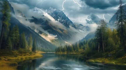 Wall Mural - River valley with trees and river. Clouds and mountain in distance, lightning, breathtaking, majestic. Generative AI.