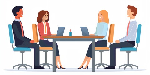 Poster - A group of people are sitting around a table with laptops and smiling. They are all dressed in business attire and appear to be working together