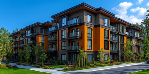 Canvas Print - A large apartment building with a lot of windows and a green tree in front. The building is orange and has a modern design