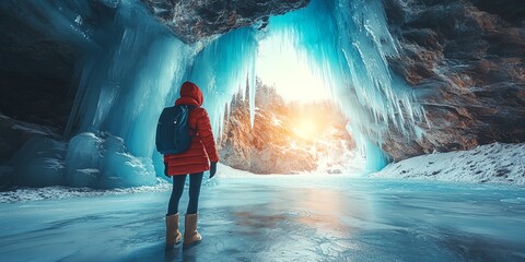 Wall Mural - a person is standing in front of a frozen lake with a backpack on. the person is wearing a red jacke