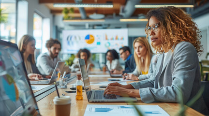 Poster - A dynamic office environment with a diverse team of professionals collaborating around a large conference table, brainstorming ideas with laptops and whiteboards in use. Generative AI.