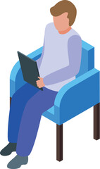 Poster - Young man is using a tablet while comfortably sitting on a blue armchair