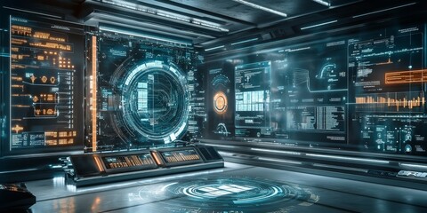 Poster - A futuristic interface for managing intelligent buildings, with real-time data feeds, interactive controls, and advanced building technology integration