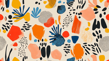 Wall Mural - Abstract shapes and botanical motifs in playful colors, creating a whimsical seamless pattern on a soft beige backdrop1