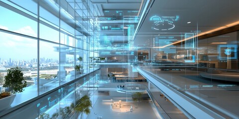 Poster - Advanced interface for intelligent buildings, showcasing responsive design elements, real-time monitoring, and tech-driven building management tools