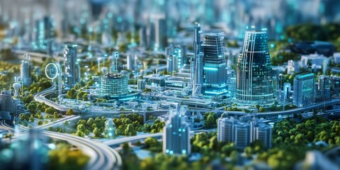 A detailed view of smart building technology in a futuristic city, showcasing robotic construction, AI systems, and modern design