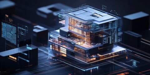 Poster - A modern UI for managing intelligent buildings, with interactive layouts, live data streams, and advanced technology integration