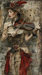 Canvas Print - Woman in vintage clothing playing violin with an artistic background.