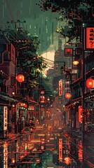 Poster - Pixelated city street with red lanterns and rain.