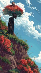 Poster - Skeleton with a floral crown stands on a hillside overlooking a blue sky.