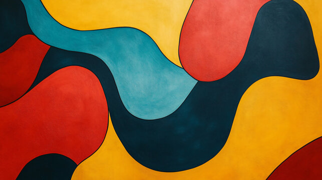 Layered organic shapes and smooth curves with bold colors, creating a vibrant abstract pattern on a minimal backdrop