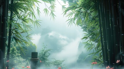 Aufkleber - Ancient Chinese, bamboo forest, wind blowing, bamboo leaves fluttering. Generative AI.